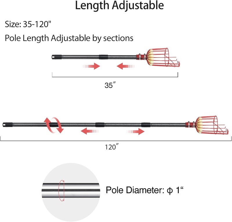 DonSail Fruit Picker Pole Tool with Basket Telescoping - Adjustable Mango Picker 35-120 inch Long Handle - Apple Orange Avocado Acorn Lemon Pear Pomelo Chery Picker for Tree - Image 4
